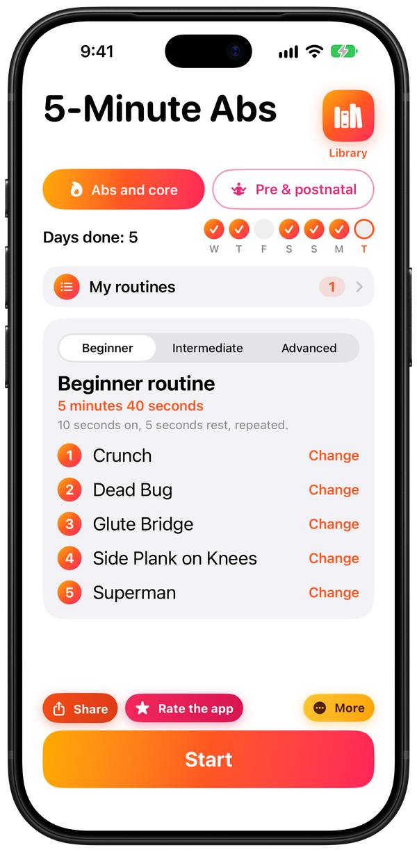 The Abs and core side of 5-Minute Abs on iPhone, showing the Beginner routine: Crunch, Dead Bug, Glute Bridge, Side Plank on Knees and Superman, with a Start button.