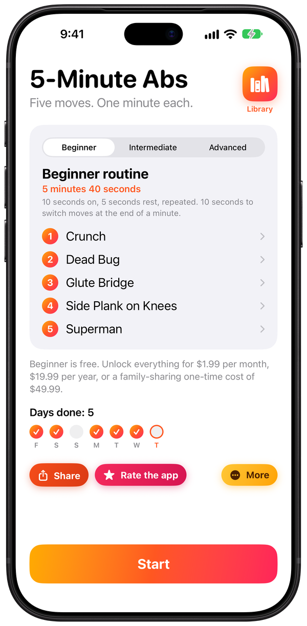 The first screen of 5-Minute Abs on iPhone, showing the Beginner routine: Crunch, Dead Bug, Glute Bridge, Side Plank on Knees and Superman, with a Start button.