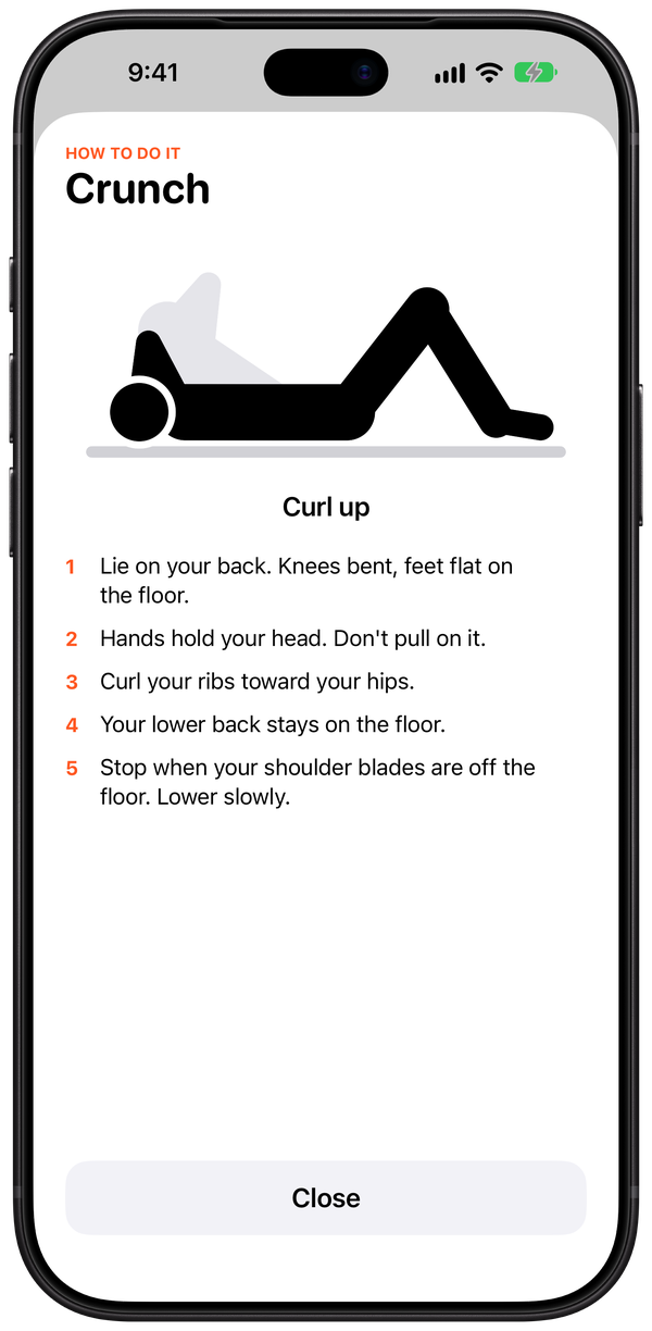The how-to screen for the Crunch on iPhone, with the figure and five written steps.