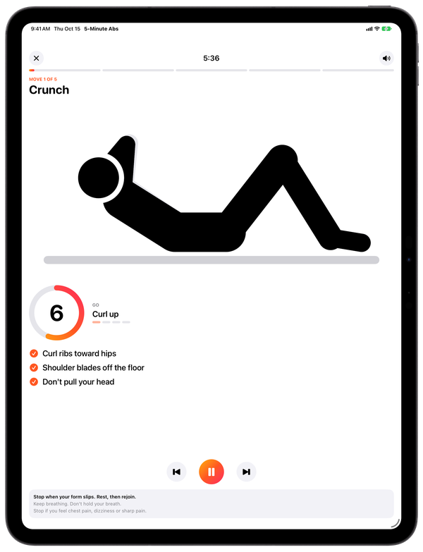 A workout on iPad: move 1 of 5, Crunch, with a large figure, the countdown, three short reminders, and buttons to go back, pause or skip ahead.