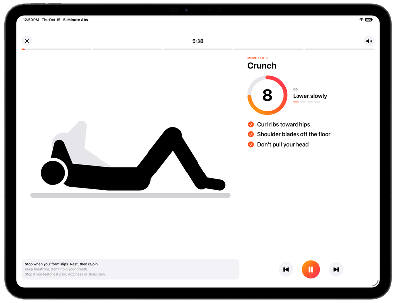 A workout on iPad held sideways: the moving figure on the left, and the move name, the countdown and three short reminders on the right.