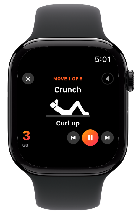 A workout on Apple Watch: move 1 of 5, Crunch, with the figure, a countdown, and buttons to go back, pause or skip ahead.