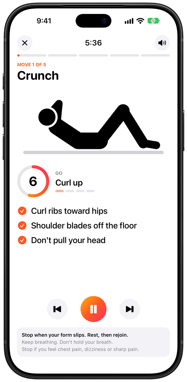 A workout in progress on iPhone. A figure does a Crunch above a countdown, three short reminders, and buttons to go back, pause or skip ahead.