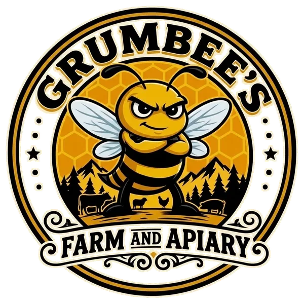 Grumbee's Farm and Apiary round logo: a bee with folded arms in front of a honeycomb badge, with mountain and pine scenery plus farm animals worked into the design